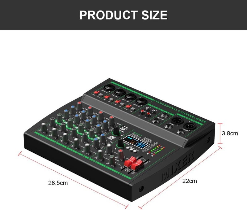 Yamnweo MW-6 black 6-Channel Professional DJ Audio Mixer Portable Controller Mixer with DSP 99 Preset Effects for Live Streaming, Podcasting, Home Party - Image 3